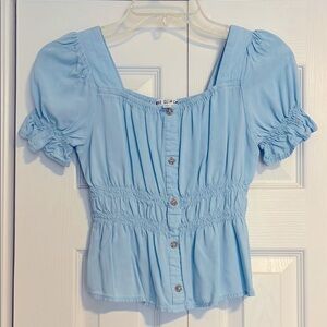 Light Blue Girl’s Large 10-12 Peplum Rayon Short Sleeve Top